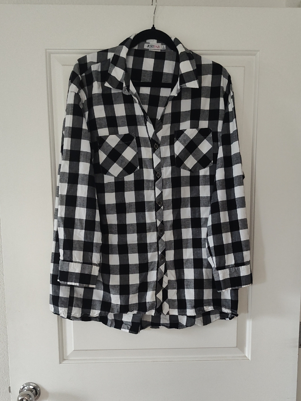 JustFab Black and White Checkered Button-Front Tunic